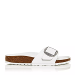 Women's Madrid Big Buckle Slippers Sandals, White Leather Silver