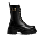 Women's  Metal Buckle Lace-up Fashionable Height-enhancing Martin Boots, Black & Gold